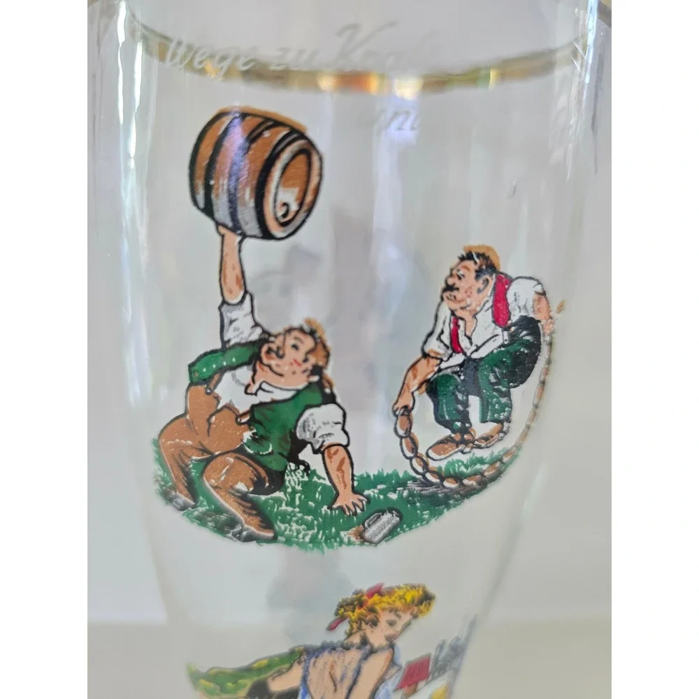 Vintage German Beer Boot Glass Gold Rim Humorous Bavarian‎ Illustrations 9 Inch